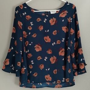 Sienna Sky Navy Blouse with Rust Floral Design